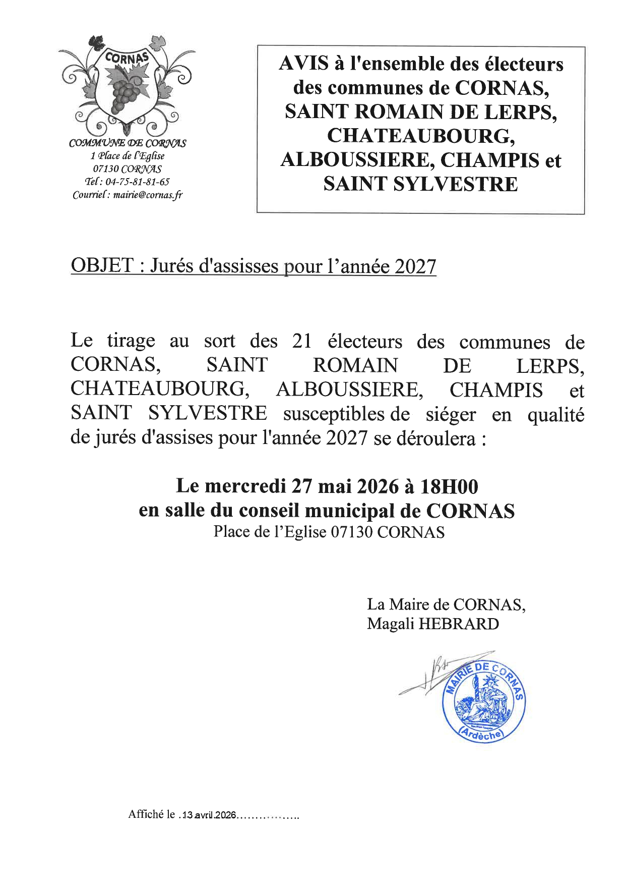 TIRAGE AU SORT JURY D’ASSISES 2027